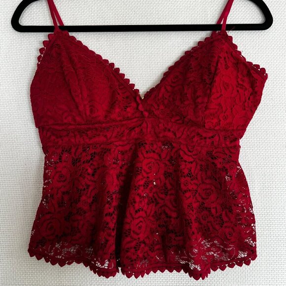 Papermoon Deep Red Lace Stretch Crop Babydoll Camisole Built In Bra‎ Size Large - Picture 2 of 8